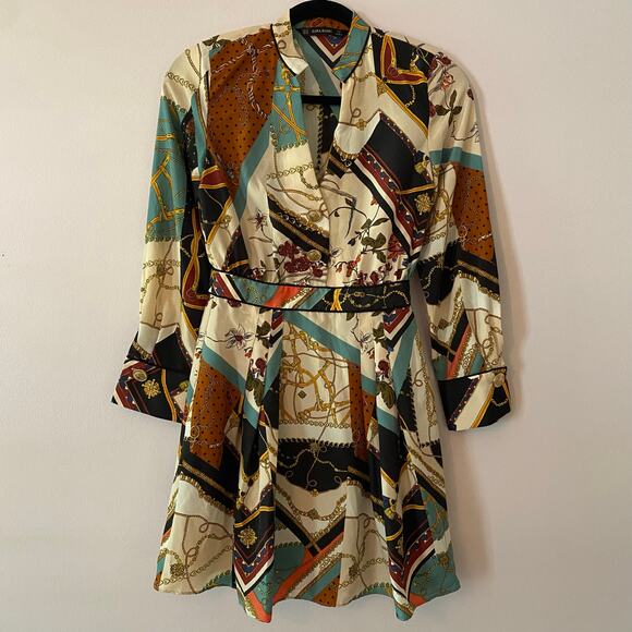 Zara Women size XS Patchwork Chain Equestrian Lightweight Mini Dress Long Sleeve - Picture 1 of 12